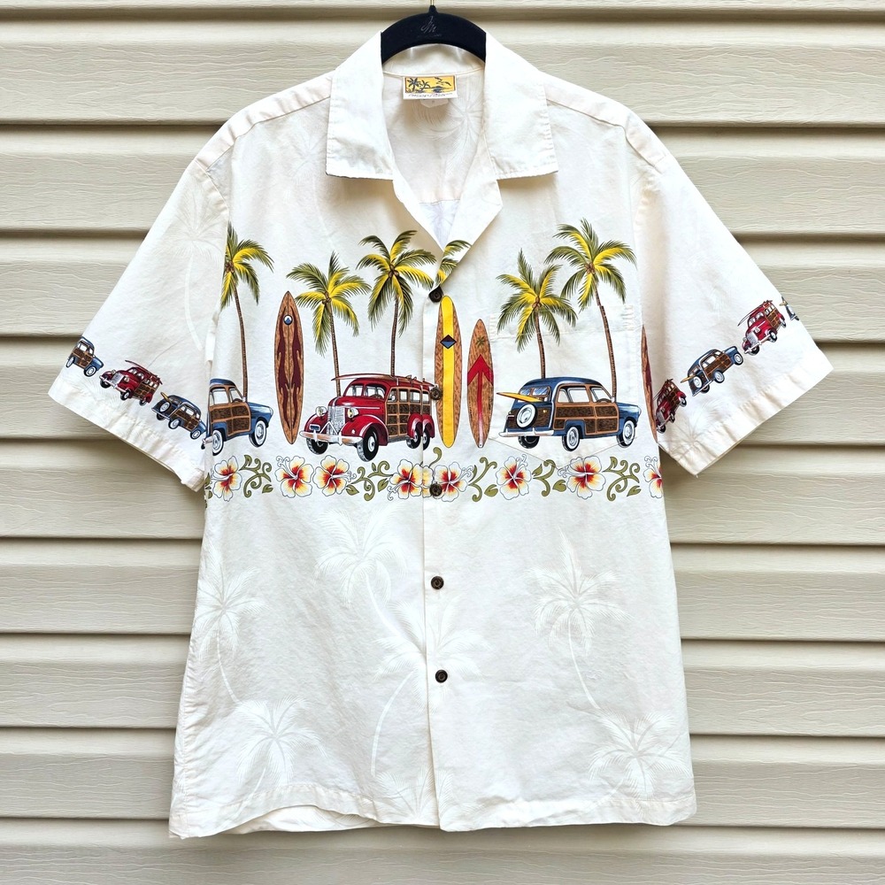 Winnie Fashion Hawaiian Shirt Mens M Cream Surfboards Woody Cars Vtg Y2K Hawaii